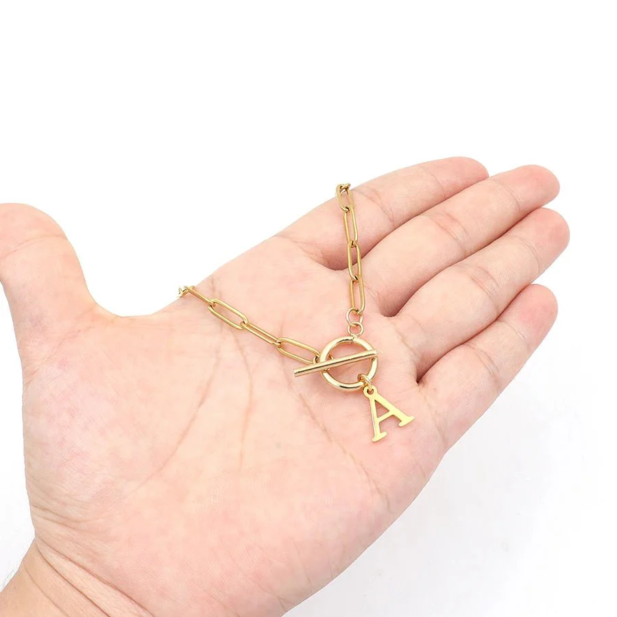 Paperclip Letter Initial Circle Lock Clasp Necklace - Image 5