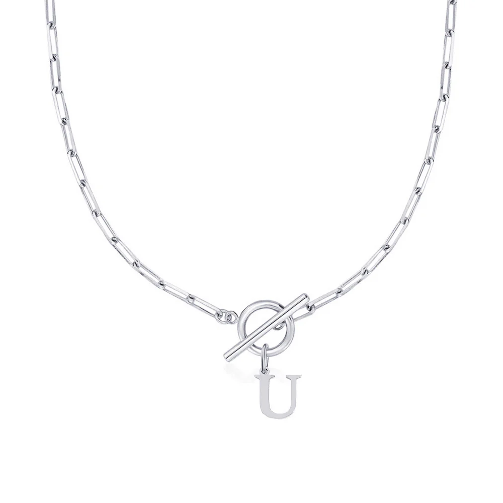 Paperclip Letter Initial Circle Lock Clasp Necklace - Image 50
