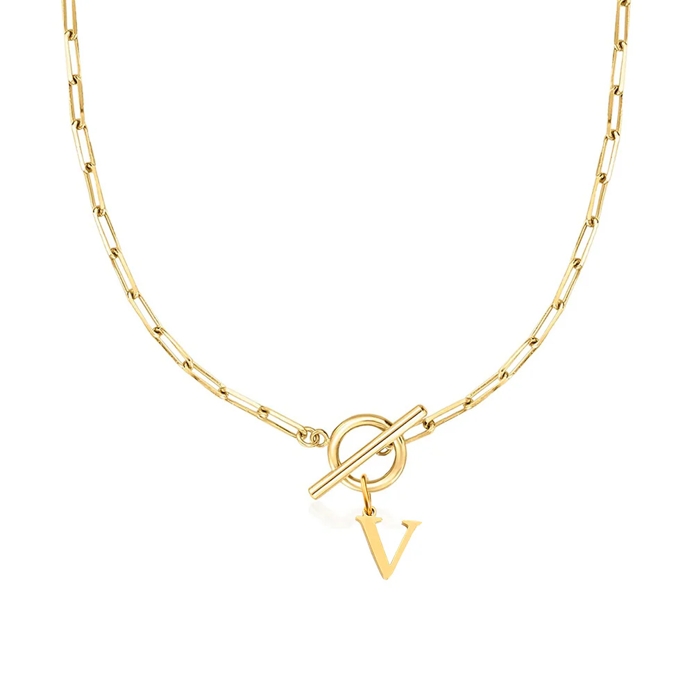 Paperclip Letter Initial Circle Lock Clasp Necklace - Image 51