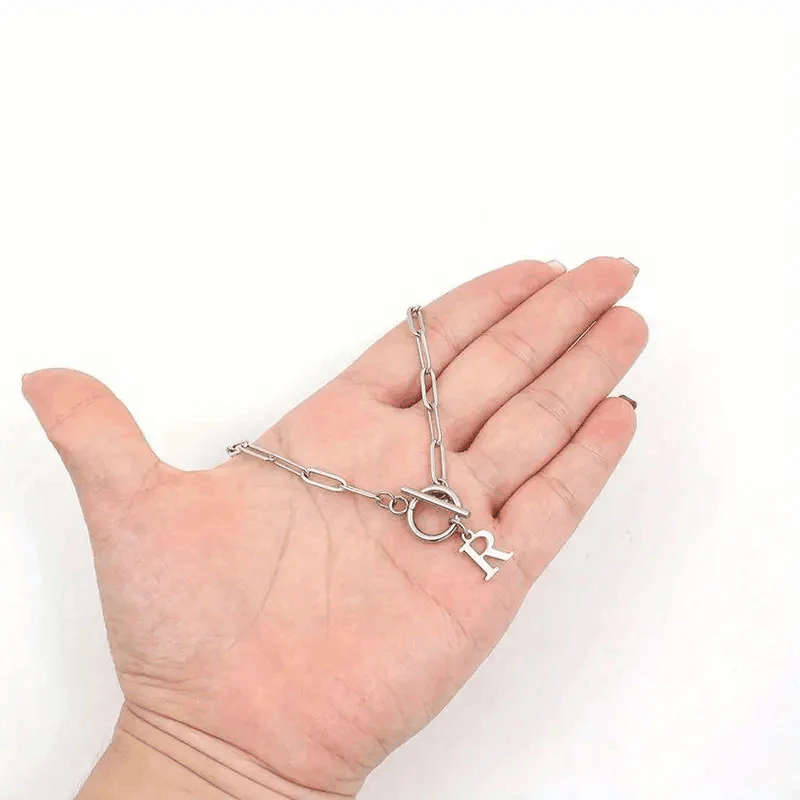 Paperclip Letter Initial Circle Lock Clasp Necklace - Image 6