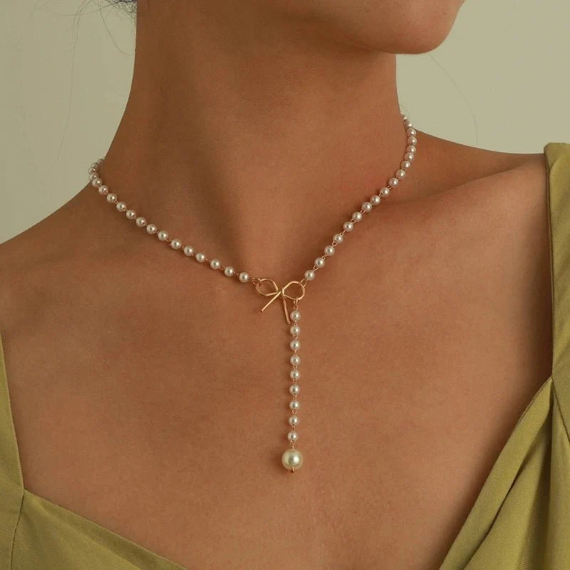 Pearl Dainty Bow Lariat Necklace - Image 3
