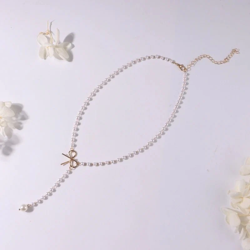 Pearl Dainty Bow Lariat Necklace - Image 4
