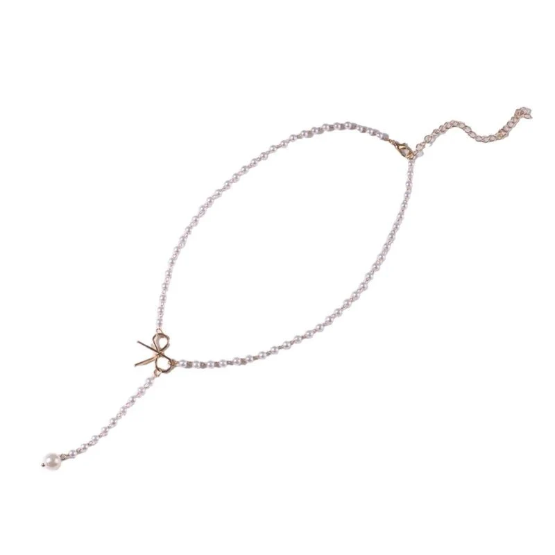 Pearl Dainty Bow Lariat Necklace - Image 9