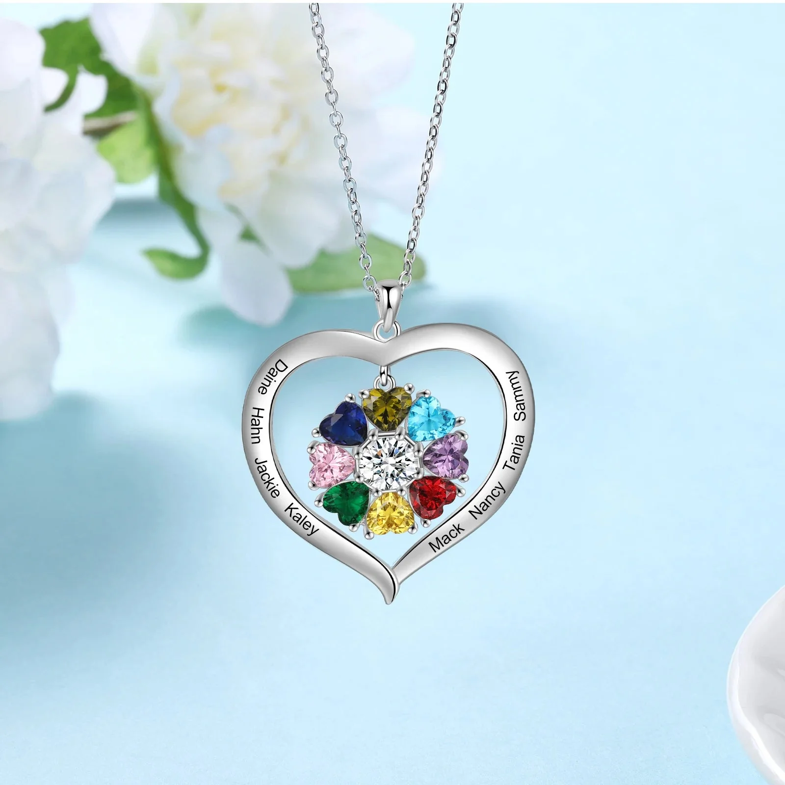 Personalized Name & Birthstone Heart Hanging Pendant Necklace - Image 10