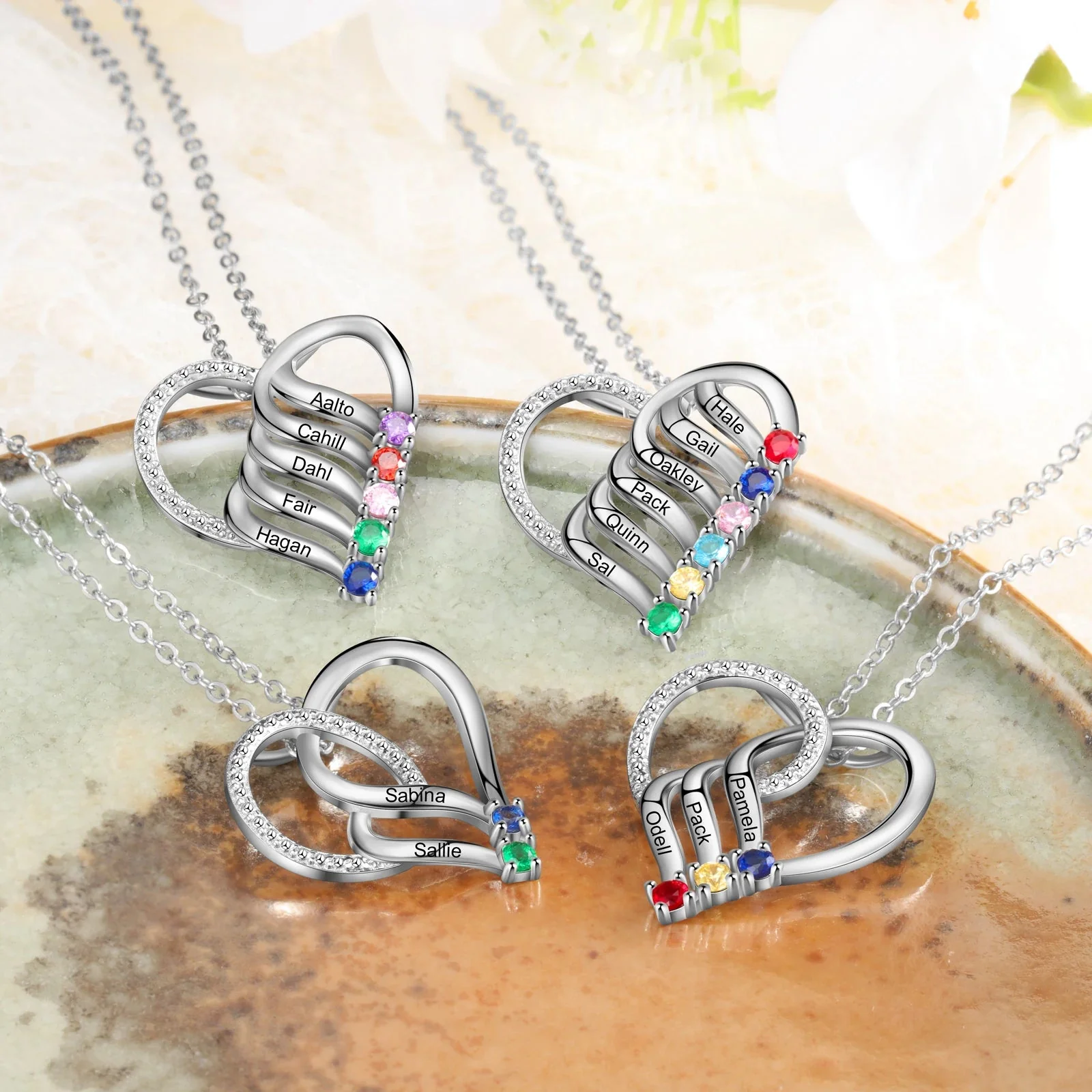 Personalized Name & Birthstone Heart Striped Pendant Necklace - Image 2