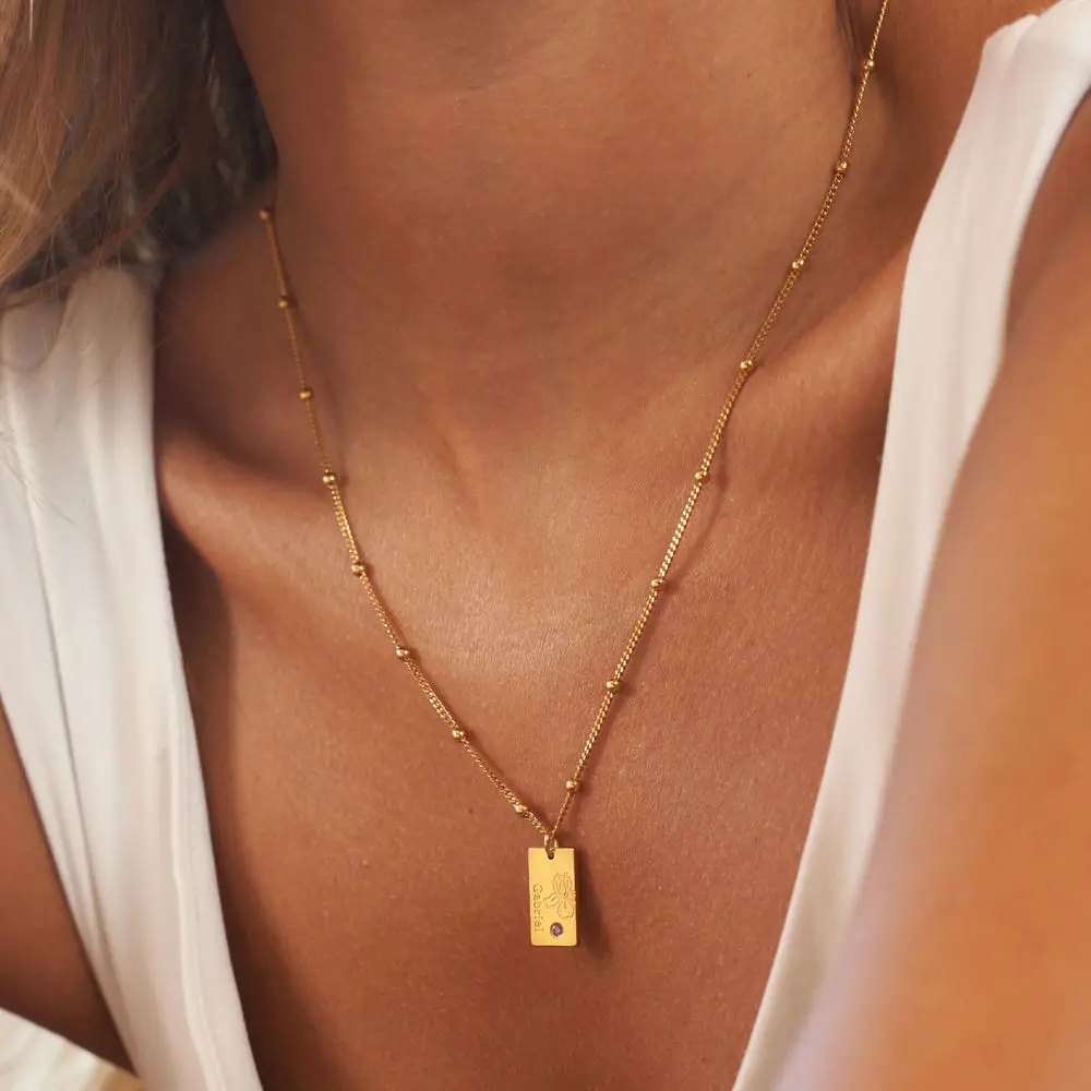 Personalized Name Dainty Satellite Chain Birth Flower & Stone Necklace - Image 2