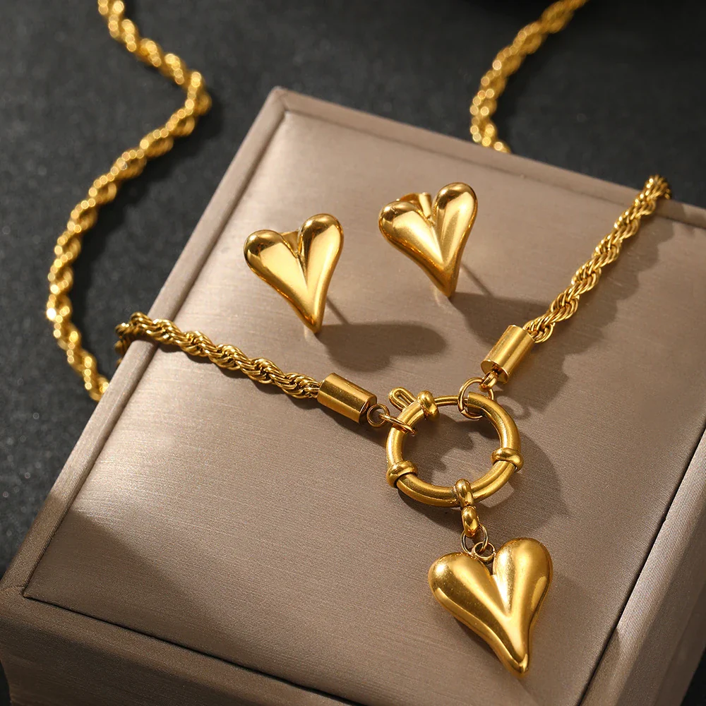 Rope Chain Anchor Clasp Heart Necklace and Earring Set - Image 3