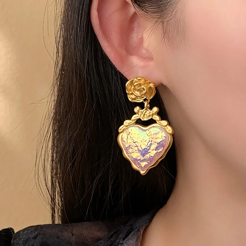 Rose Floral Enamel Heart Earrings - Image 2