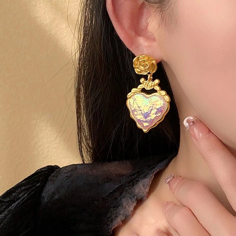 Rose Floral Enamel Heart Earrings - Image 3