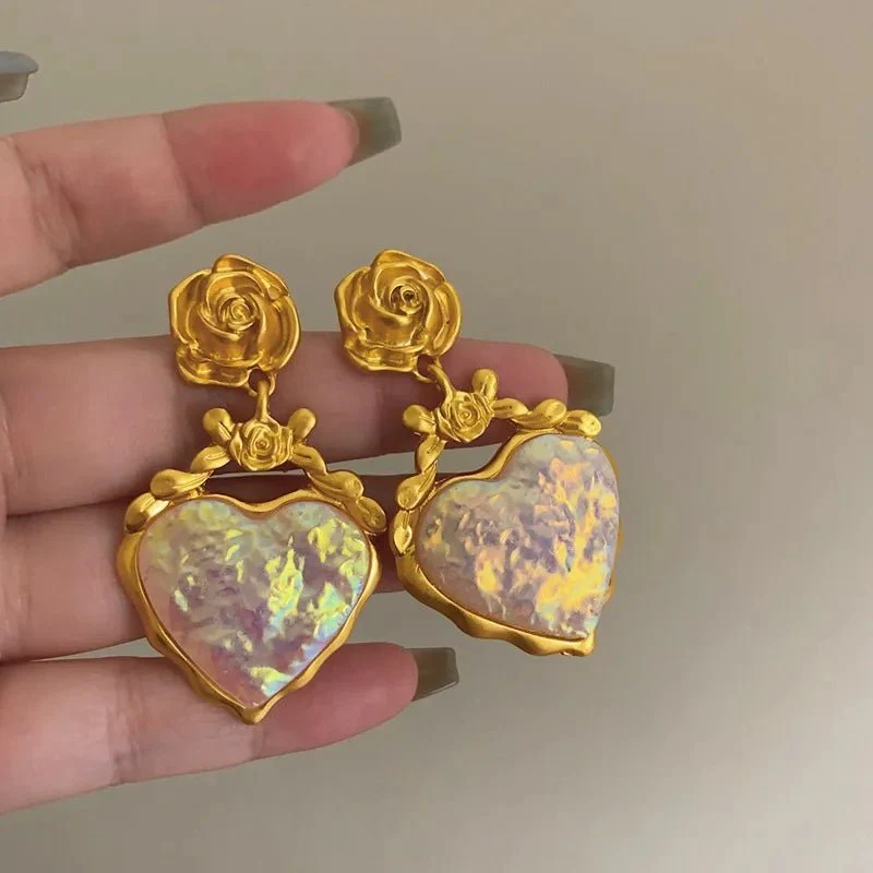Rose Floral Enamel Heart Earrings - Image 9