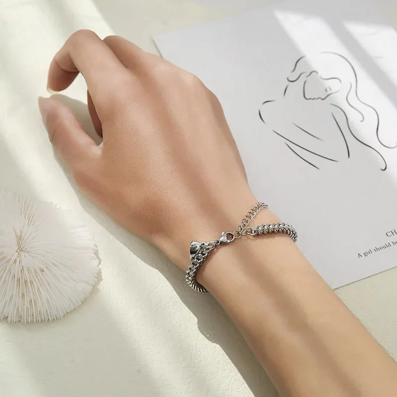 Simple Couples Cuban Magnetic Heart Bracelet Set - Image 3